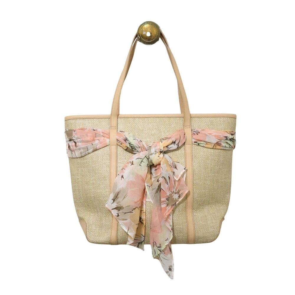 Vintage Ann Taylor Loft Silk Scarf Straw Woven Tote Bag Cruise Resort Coastal